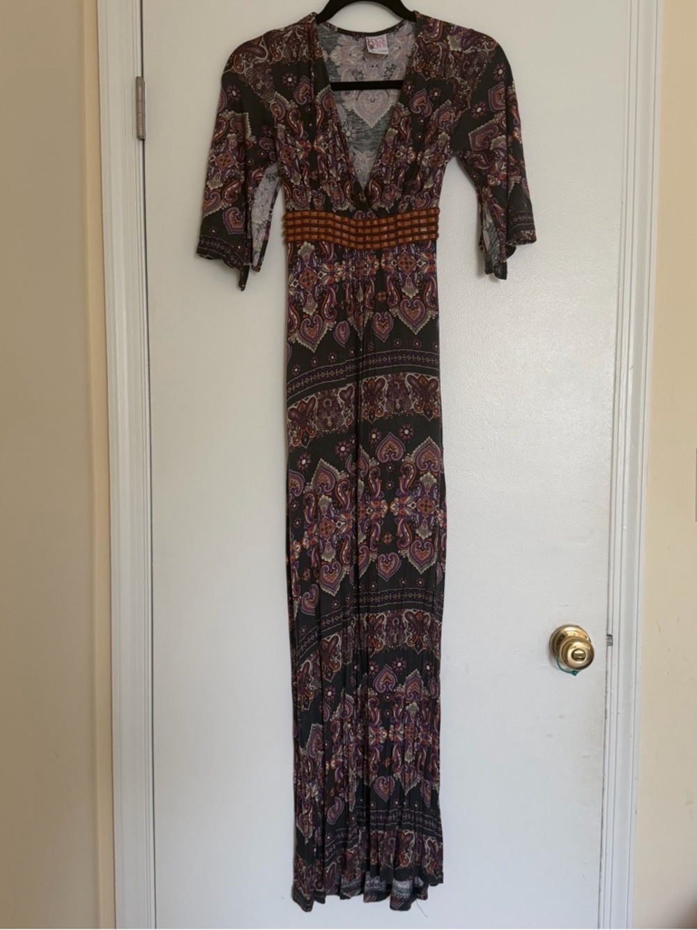 Lucy Love Bohemian Paisley Maxi Dress in Brown and Purple with Rust Waistband XS